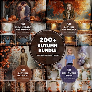 Puede incluir: Un paquete de arte digital con fondos temáticos de otoño. La imagen incluye varias escenas con calabazas, follaje otoñal y arcos. El texto en la imagen dice "200+ AUTUMN BUNDLE" e incluye el número de fondos en cada categoría: 34 Pumpkin Arc, 50 Autumn, y 30 Halloween Room.