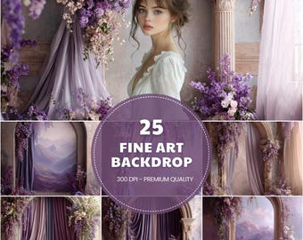 May include: A digital art composition featuring a woman in a white dress surrounded by purple and white flowers and draped fabric. The image includes a circular graphic with the text "25 FINE ART BACKDROP" and "300 DPI - PREMIUM QUALITY".
