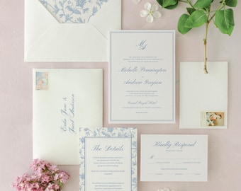 Blauwe bloemen bruiloft uitnodigingssuite: elegante CANVA-sjabloon met kalligrafie (digitale download)