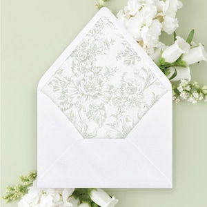 Plantilla de forro para sobre con estampado floral de toile, descarga instantánea, verde salvia, impresión digital para invitaciones de boda.