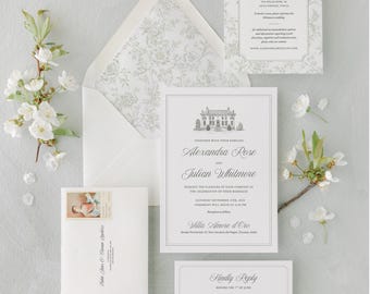 Bruiloftsuitnodigingssuite met bloemen Toile: elegante CANVA-sjabloon voor kalligrafie (digitale download)