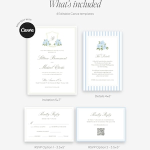 Blauwe hortensia bruiloft uitnodigingssuite: bewerkbare CANVA-sjabloon, aquarel monogram embleem (digitale download) afbeelding 8