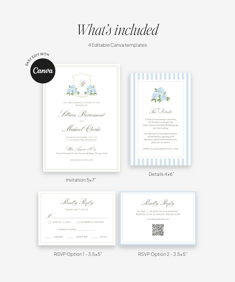 Blauwe hortensia bruiloft uitnodigingssuite: bewerkbare CANVA-sjabloon, aquarel monogram embleem (digitale download) afbeelding 8