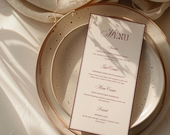 Plantilla de menú y tarjeta de lugar para boda en Borgoña con dinero antiguo, Canva editable (descarga digital)