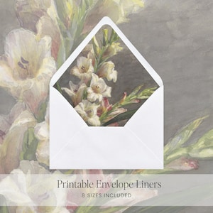May include: White envelope with a floral design visible through the opening. The floral design features white and yellow flowers with green stems. The text "Printable Envelope Liners" and "8 SIZES INCLUDED" is at the bottom of the image.