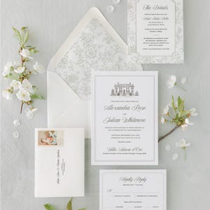 Grünes Toile-elegantes Hochzeitseinladungs-Angebot, digitale Vorlage, benutzerdefinierte CANVA-Vorlage, sofortiger Download, bearbeitbare Einladung