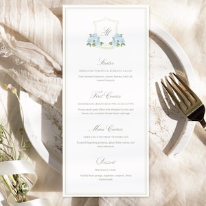 Modèle de menu et de marque-places de mariage hortensia bleu, toile éditable (téléchargement numérique)