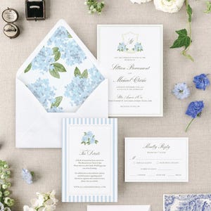 Blauwe hortensia bruiloft uitnodigingssuite: bewerkbare CANVA-sjabloon, aquarel monogram embleem (digitale download) afbeelding 3