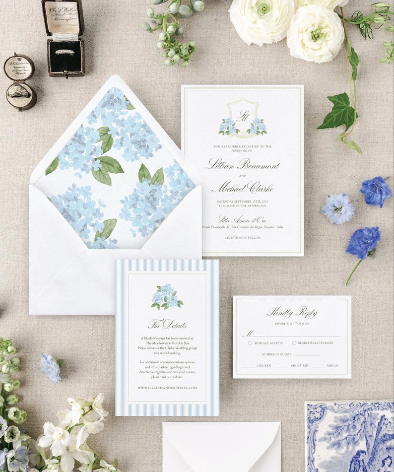 Blauwe hortensia bruiloft uitnodigingssuite: bewerkbare CANVA-sjabloon, aquarel monogram embleem (digitale download) afbeelding 3