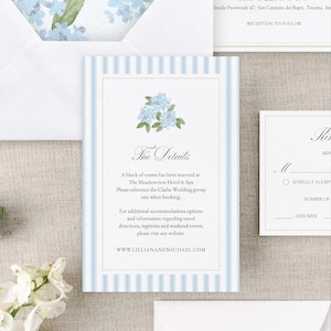 Blauwe hortensia bruiloft uitnodigingssuite: bewerkbare CANVA-sjabloon, aquarel monogram embleem (digitale download) afbeelding 5