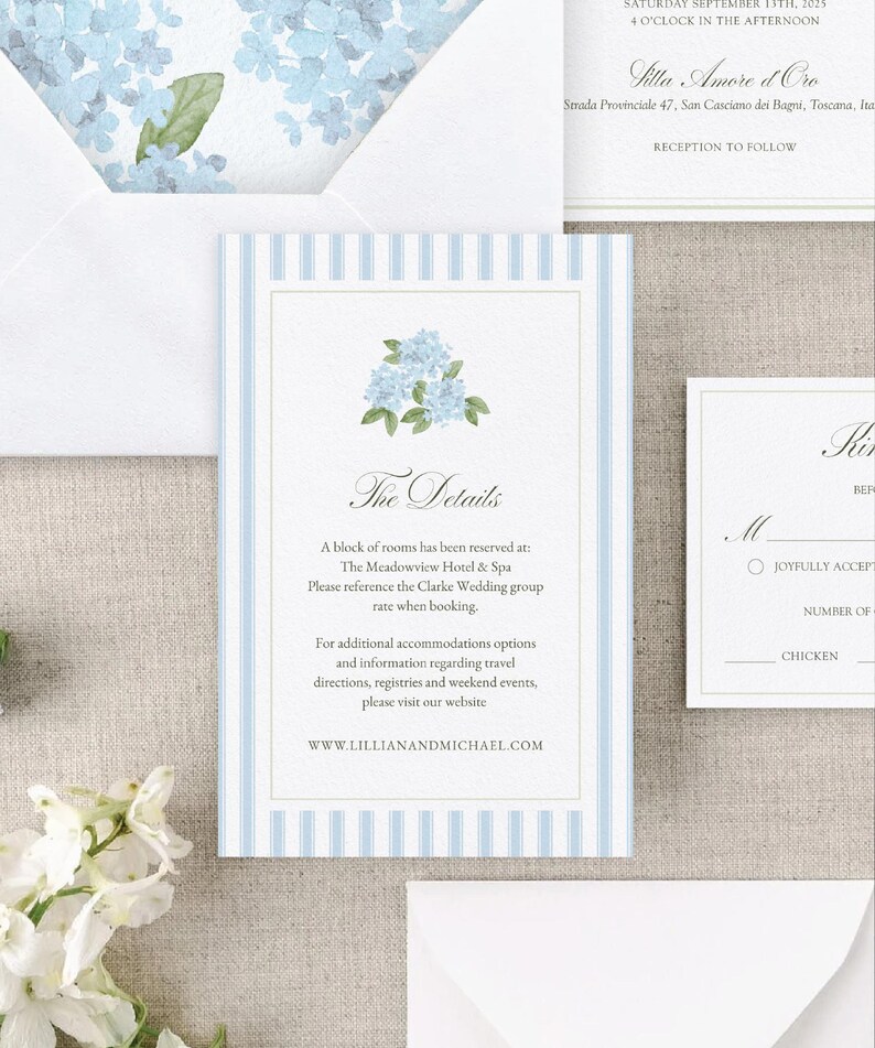 Blauwe hortensia bruiloft uitnodigingssuite: bewerkbare CANVA-sjabloon, aquarel monogram embleem (digitale download) afbeelding 5