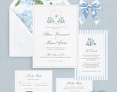 Blue Hydrangea Wedding Invitation Suite: Editable CANVA Template, Watercolor Monogram Crest (Digital Download)