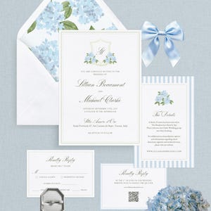 Blauwe hortensia bruiloft uitnodigingssuite: bewerkbare CANVA-sjabloon, aquarel monogram embleem (digitale download) afbeelding 1