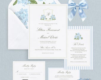 Blauwe hortensia bruiloft uitnodigingssuite: bewerkbare CANVA-sjabloon, aquarel monogram embleem (digitale download)
