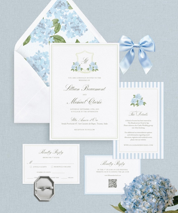 Blue Hydrangea Wedding Invitation Suite: Editable CANVA Template, Watercolor Monogram Crest (Digital Download)