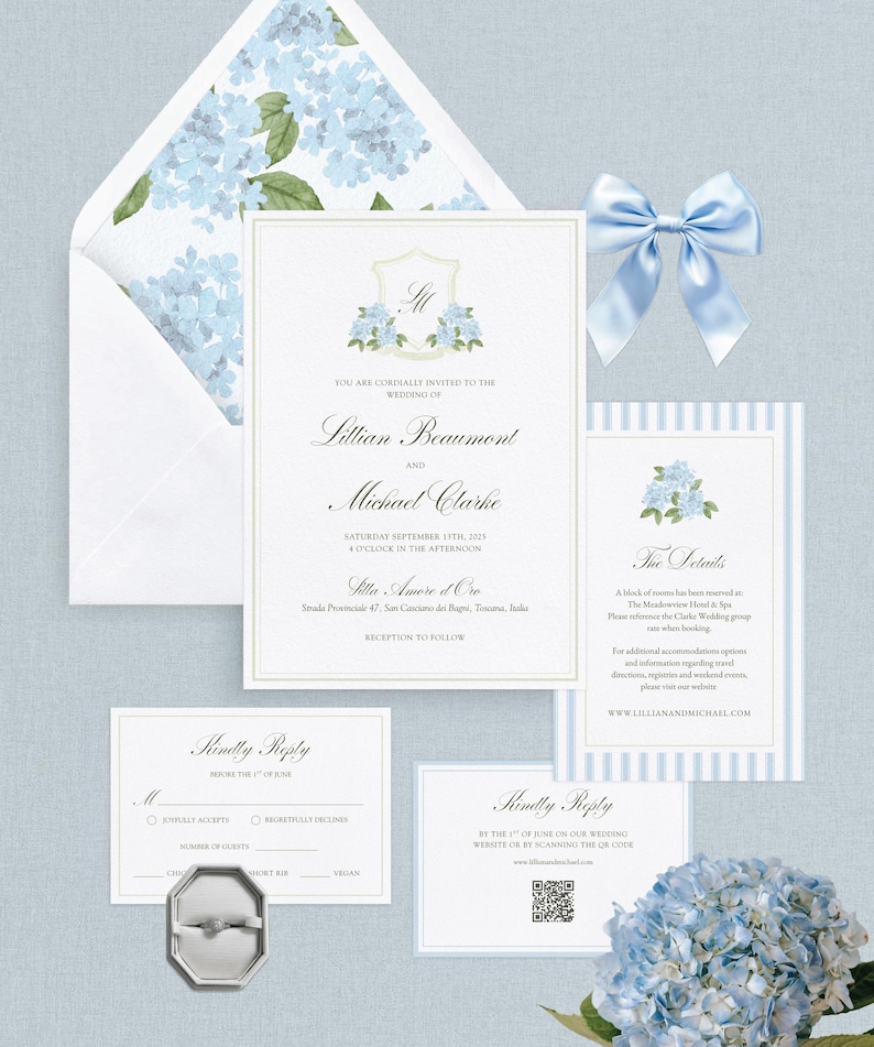 Blauwe hortensia bruiloft uitnodigingssuite: bewerkbare CANVA-sjabloon, aquarel monogram embleem (digitale download) afbeelding 1