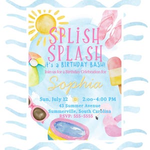 May include: A rectangular birthday invitation card featuring watercolor illustrations of a yellow sun, pink flip-flops, a beach ball, a popsicle, sunglasses, a small pool, and a flamingo. The text reads SPLISH SPLASH it's a BIRTHDAY BASH! Join us for a Birthday Celebration for Sophia, Sun, July 12, 2:00-4:00 PM, 43 Summer Avenue, Summerville, South Carolina, RSVP: 555-5555.