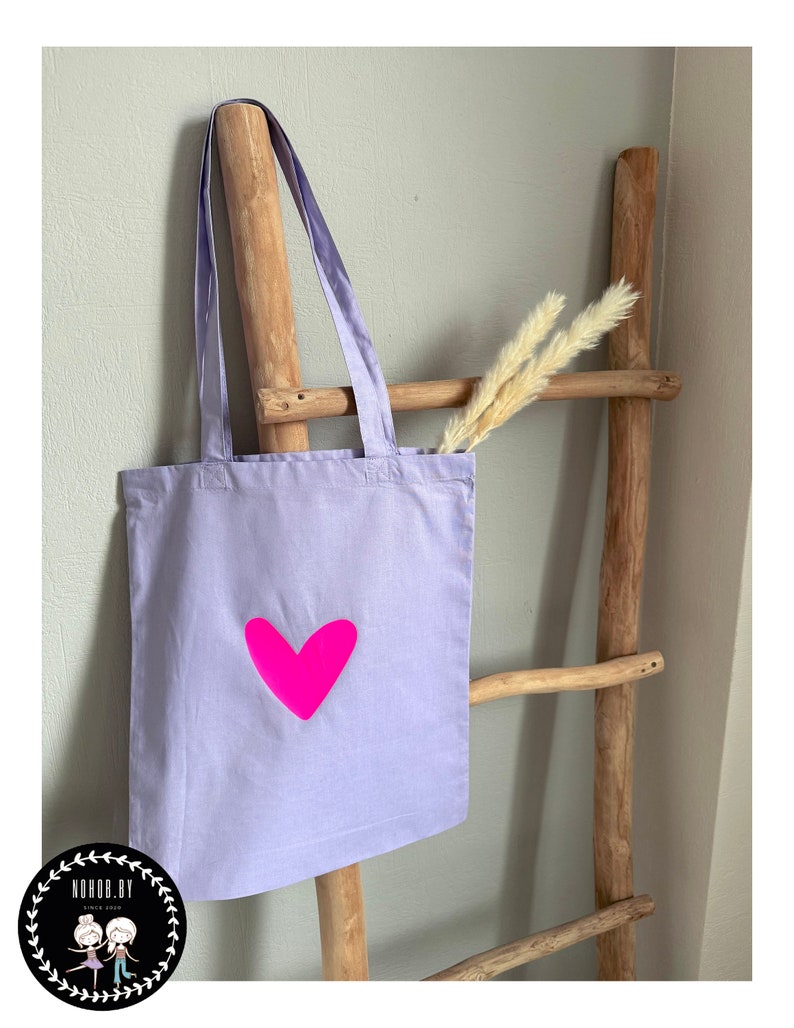 Stoffbeutel Herz Tote Bag Baumwolltasche Einkaufstasche mit Herz Neonpink Geschenkverpackung Bild 2