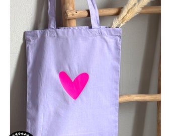 Sac en tissu - coeur - tote bag - sac en coton - sac shopping avec coeur - rose fluo - emballage cadeau