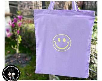 Fabric bag - Smiley face - Tote bag - Cotton bag - Shopping bag with smiley face - Neon pink - Gift wrapping - Farewell gift - Thank you