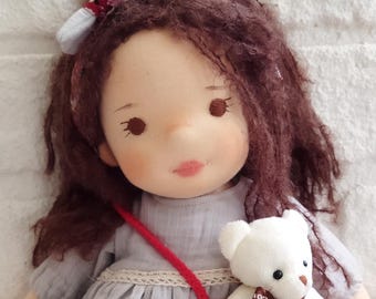 14″ Waldorf Inspired OOAK Cloth Doll – Handmade Organic Doll with Teddy Bear – Natural Toys – Eco Friendly Gift for Kids