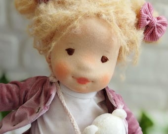 14″ Waldorf Inspired Handmade Doll – OOAK Organic Cloth Doll with Extra Outfit & Teddy Bear – Natural Toys – Ready to Ship