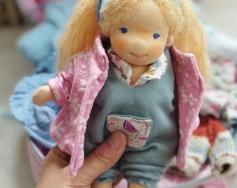Handmade Cloth Doll with Suitcase Bed and Extra Clothes, 10 inch Waldorf Inspired Fabric Doll Set with Doll Wardrobe, Gift for Girls