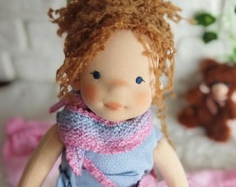 16” Handmade Waldorf Doll – Organic Cotton OOAK Girl Doll – Knitted Outfit + Teddy Bear – Montessori Natural Gift for Kids