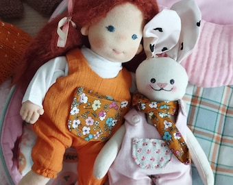 10 inch Semdoll special series Waldorf doll. Comes with extra handmade outfits, rabbit friend and special handmade carrying bag.
