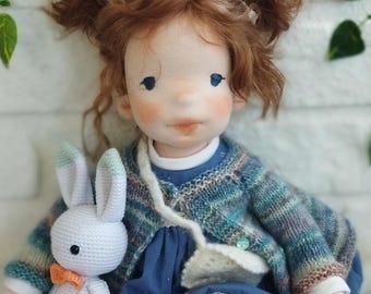 Handmade Cloth Art Doll “Mira” – Natural Mohair Goat Wool Hair,  Clothing Set