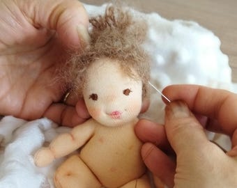 MaKe to order. 6 inches Waldorf inspired pocket doll. Comes with knitted rompers, bed and carrying bag. Ecofriendly natural cloth doll.