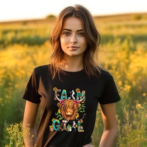 Farm Girl PNG Téléchargement numérique pour sublimation, cartes, T-shirts, tasses, gobelets, beaucoup de travaux manuels ! PNG Fille de la ferme, vache Highland, mignonne !