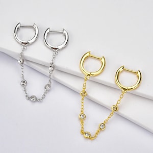 Cerchi a catena Huggie hoops Lunetta Cz Hoops Orecchini a catena d'oro Orecchini delicati Doppi cerchi Orecchini minimalisti Cerchi di cartilagine Catena Cz Hoops