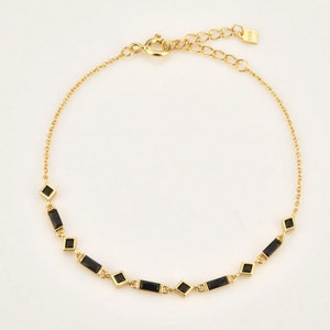 Dainty 18k Gold Black CZ Bracelet: Sterling Silver Geometric Link Chain