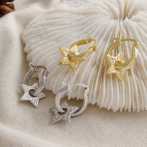 Star Earrings Starburst Earrings Hollow Huggie Hoops Textured Earrings Celestial Earrings North Star Dangle Earrings Small Hoops Gold Hoops