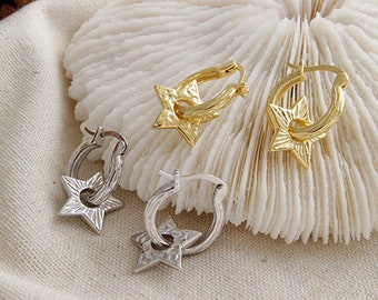 Star Earrings Starburst Earrings Hollow Huggie Hoops Textured Earrings Celestial Earrings North Star Dangle Earrings Small Hoops Gold Hoops