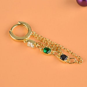 Drop Chain Earring Emerald Green Cz Earring Gold Hoop Earring Link Chain Hoop Sterling Silver Hoops Summer Hoops Stackable Dangle Earrings