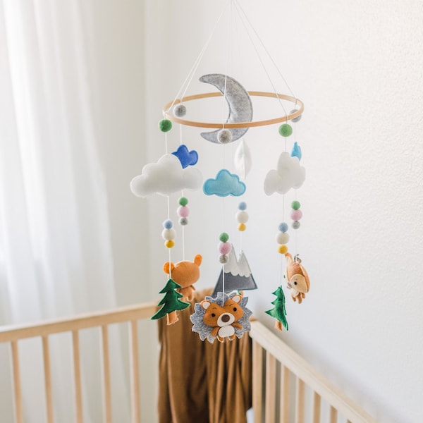 Woodland Crib Mobile Girl, Nursery Mobile, Baby Girl Mobile, Felt Mobile, Baby Mobile, Mobile Bebe, Bear Mobile, Deer Mobile, Hanging Mobile