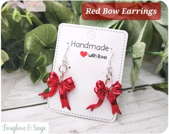 Bow Earrings, Red Earrings, Holiday Earrings, Winter Jewelry, Charm Earrings, Christmas Jewelry, Holiday Bow, Gift for Mom, Gift for Her