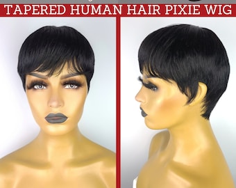 TAPERED HUMAN HAIR Pixie Wig with Lace Insert, 1B