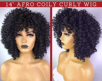 AFRO COILY CURLY Wig, 1B, 14 Inches