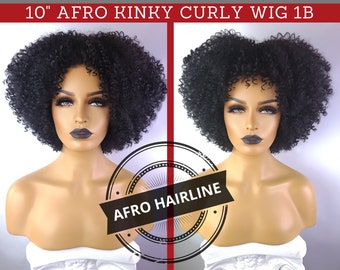 AFRO KINKY CURLY Wig with Realistic Afro Hairline, 10", 1B