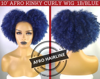 AFRO KINKY CURLY Wig with Realistic Afro Hairline, 10", 1B/Blue, 180% Density