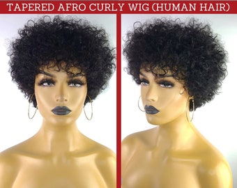TAPERED AFRO CURLY Human Hair Wig, 6 Inches, 1B