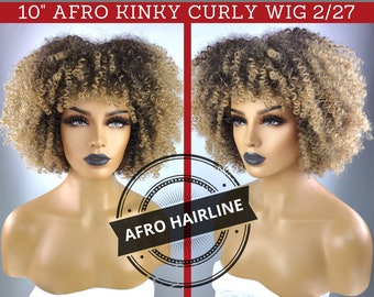 AFRO KINKY CURLY Wig with Realistic Afro Hairline, 10", 2/27, 200% Density