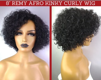AFRO KINKY CURLY Human Hair Bob Wig, 8 Inches, 1B