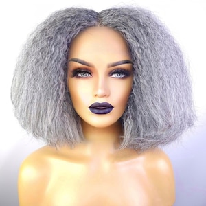 GLUELESS KINKY STRAIGHT Human Hair Blend Bob Wig (Gray), 12&quot;, 200% Density