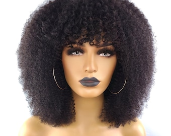 Peruka AFRO KINKY CURLY z grzywką, 14 cali (włosy ludzkie)