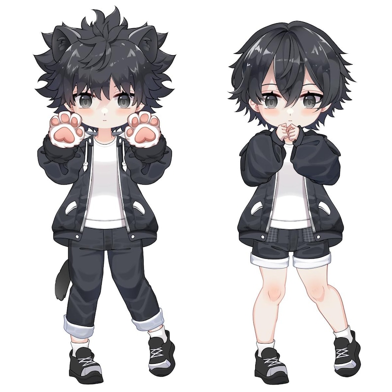 May include: Two cartoon illustrations of boys with black hair wearing black jackets, white shirts, and black pants. The boy on the left has cat ears and is holding up two white paws. The boy on the right is holding his hands together in front of his chest.
