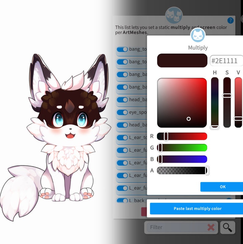 K&ouml;nnte beinhalten: Eine digitale Illustration eines wei&szlig;en und braunen pelzigen Wesens mit blauen Augen. Das Bild wird von einer digitalen Farbpalette mit einem dunkelroten Farbverlauf und einem Schieberegler zum Anpassen von Farbton, S&auml;ttigung und Wert der Farbe begleitet. Der Text "Multiplizieren" und "#2E1111" ist auf der Farbpalette sichtbar.